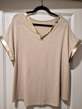 Cream V-Neck Top with Gold Metallic Trim Short Sleeve Blouse